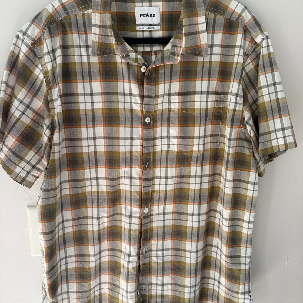 Prana Men's Casual Plaid Shirt - Green, White, and Orange